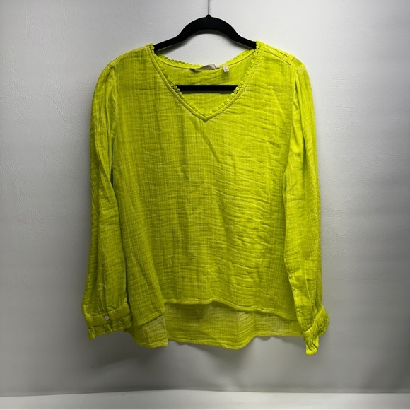 Soft Surroundings Neon Yellow Gauze Crochet Back Top size L nwt - Picture 2 of 10